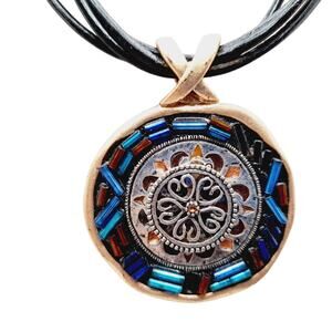 Vintage Chico's Purple Blue Medallion Pendant Necklace - Black Leather Cords